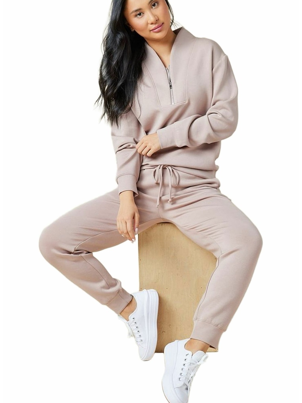 Cozy Half-Zip Jogger Set in Light Taupe